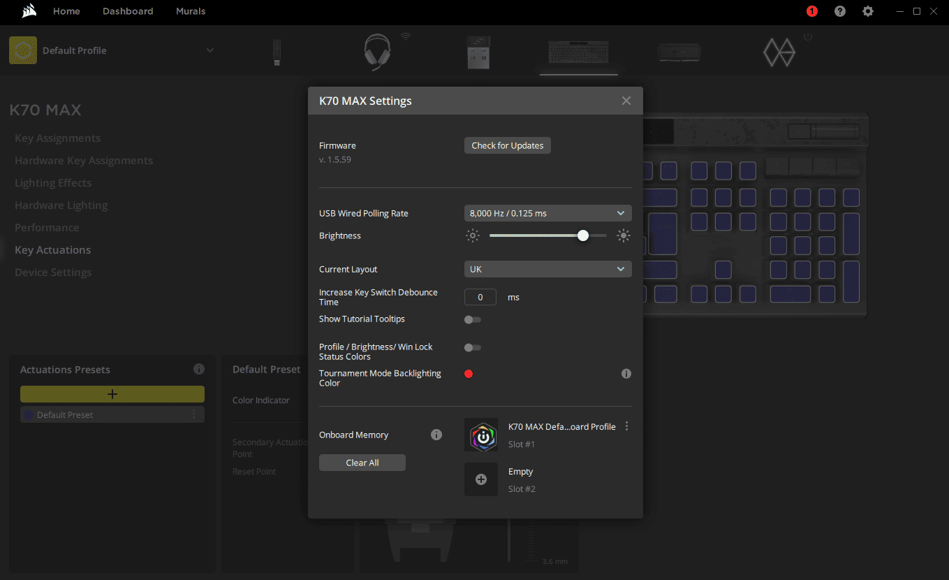 iCUE K70 MAX Device Settings