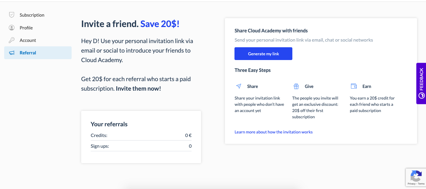 Cloud Academy referral page how to